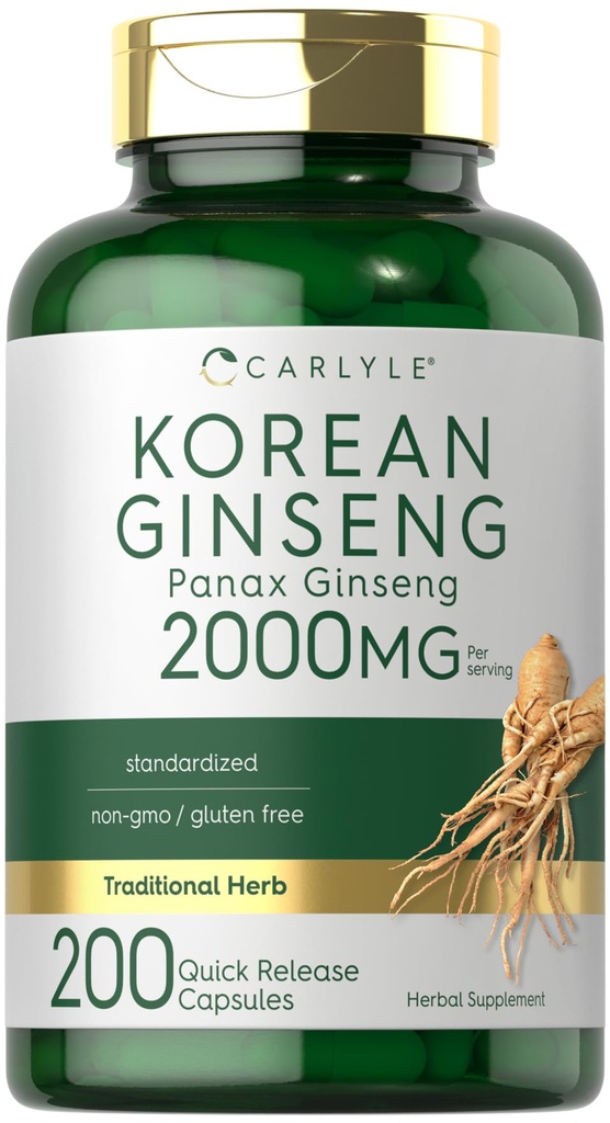 Carlyle 한국 인삼 추출물 캡슐 2000 mg | 200 캡슐 | 비 GMO 및 글루텐 프리 포뮬러 | 표준화 된 Panax 인삼 보충