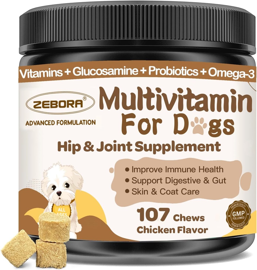 전반적인 건강을 위해 미네랄이 함유 된 개 다비타민 - 개 비타민과 Glucosamine, 광물과 노인 개를위한 Probiotics - Omega 3 Fish Oil for Skin & Coat - 107 Chews