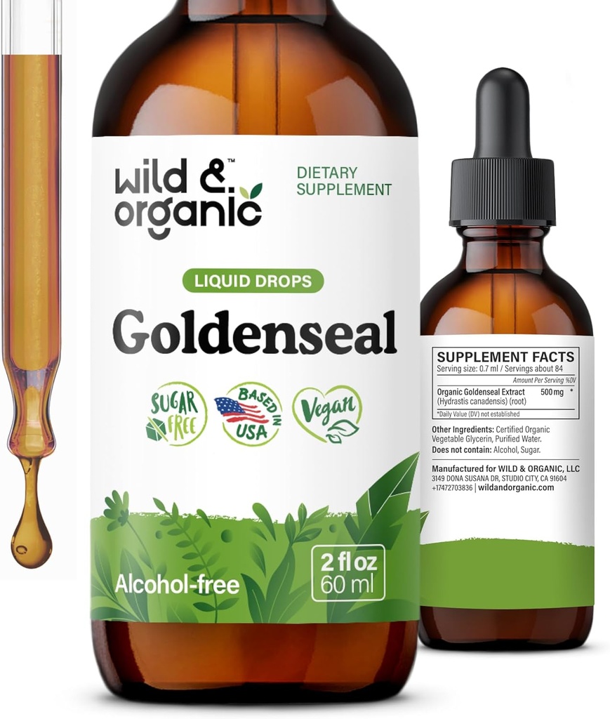 야생 & 유기 Goldenseal 뿌리 Tincture - Lung Cleanse, Immune & 소화 지원 - 액체 Goldenseal 보충교재 - 채식주의자, 설탕 & 알콜 자유로운 허브 하락 - 2개 fl oz