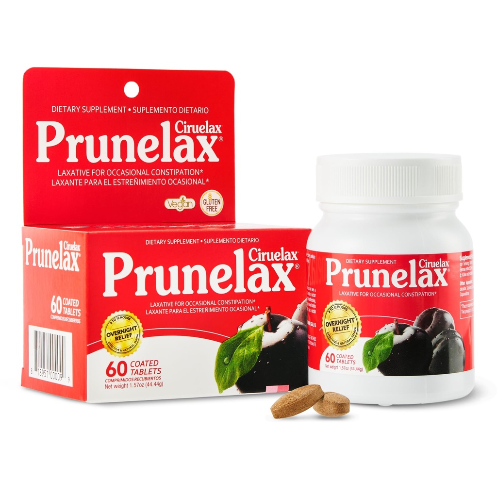 Prunelax Ciruelax 정규적인 힘 Laxative 정제 - Occasional 변비, Senna 추출물, Vegan & 글루텐 자유로운, 빠른 행동 게놈 구호 - 60ct