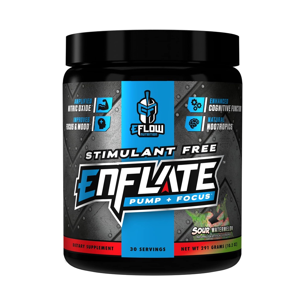 eFlow Nutrition Enflate Stimulant Free Preworkout Supplement - 펌프 및 초점 Nootropic Pre Workout 파우더는 남성 및 여성을위한 초점 - Sour Watermelon (30 서빙)
