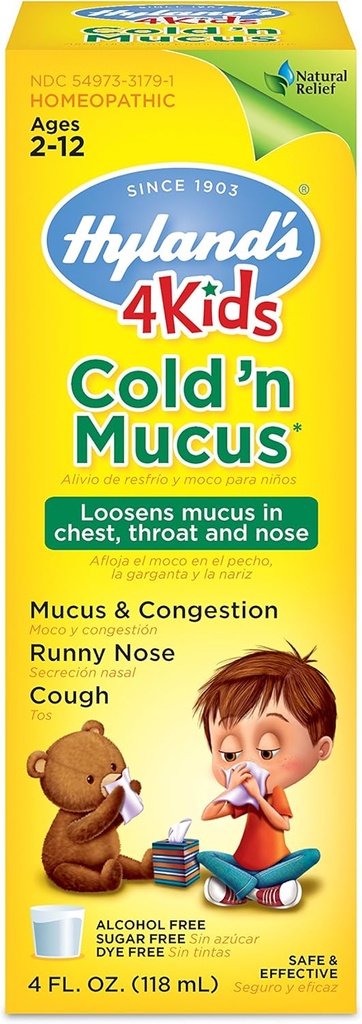 Hyland의 아이들을 위한 찬 약 2와 위로, 찬 'n Mucus 기복 액체, Mucus와 혼잡의 자연적인 기복, Runny Nose, 기침, 4개 Ounces