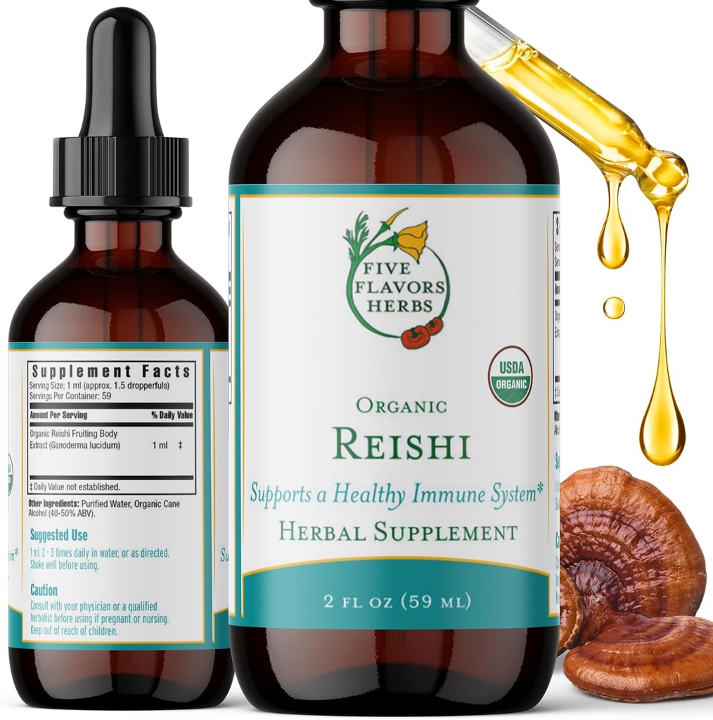 Reishi Tincture - Nervous & Immune 시스템 지원, 호흡 시스템, 심혈관 및 대사 건강, 초점 & Calm 마음, 초본 보충 - 2 Fl Oz