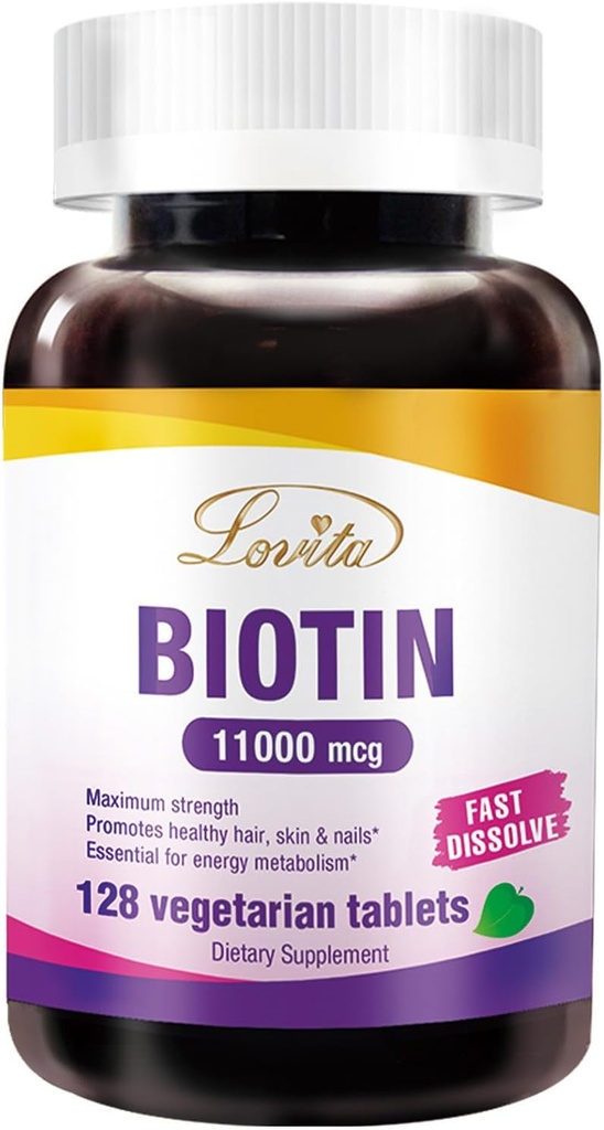 LOVITA 최대 강도 11,000mcg Biotin : 빠른 용해, 채식 정제 - 쉽게 흡수, 글루텐 & Dairy-Free, 128 Vegan-Friendly 정제
