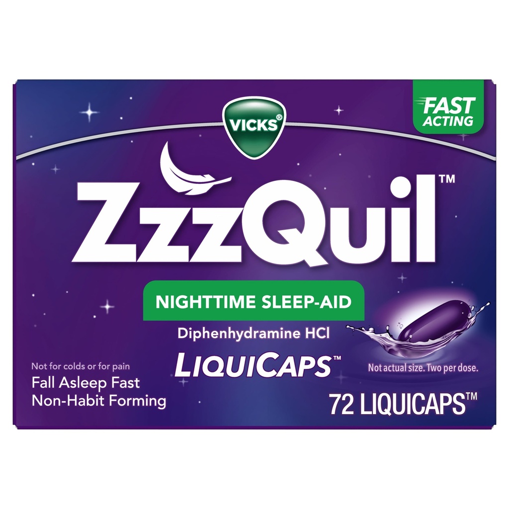 ZzzQuil LiquiCap 수면 보조, Diphenhydramine 25mg HCl, 성인 수면 보조, 야간 수면 보조, 72 LiquiCaps
