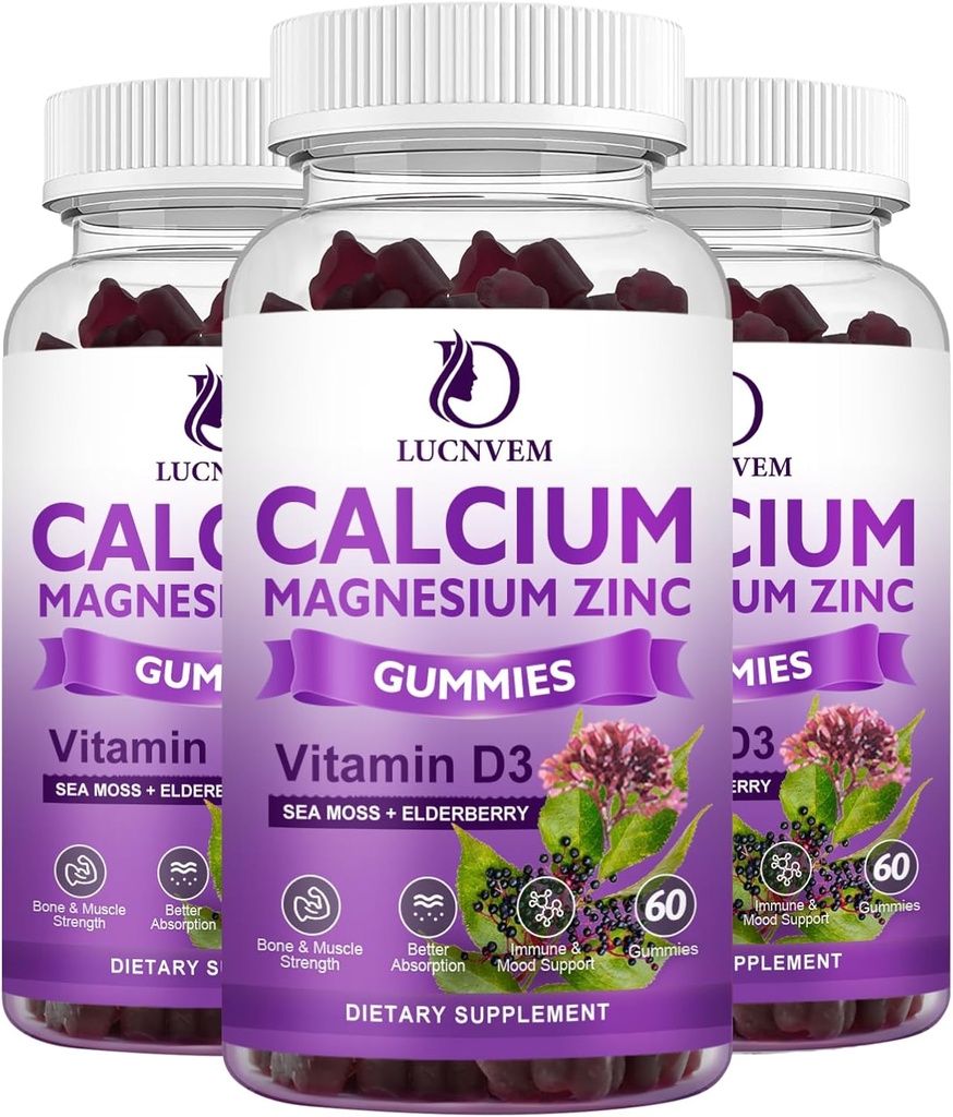 칼슘 마그네슘 아연 Gummies witn Elderberry와 바다 모스, 칼슘 마그네슘 2 : 1, 마그네슘 글리세라이드, 비타민 D3, Bones, 근육, Calm Mood 및 수면 지원, 60 Gummies (3 팩)