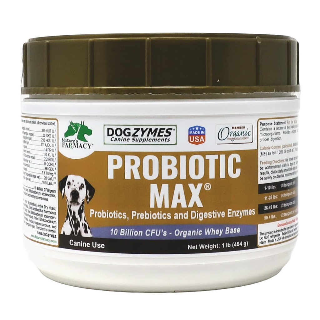 Dogzymes Probiotic Max -10 억 CFU의 Probiotics, Prebiotics, 소화 효소 - 구제 Diarrhea, Upset Stomach, Constipation, 가스, 알레르기, 면역 및 전반적인 건강 1 파운드