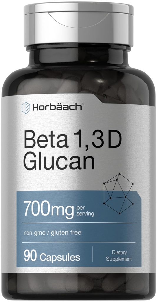 Horbäach Beta Glucan 1 3D 700 mg | 90 캡슐 | 베타 1,3, 1,6 D Glucan | 비 GMO, 글루텐 무료 보충