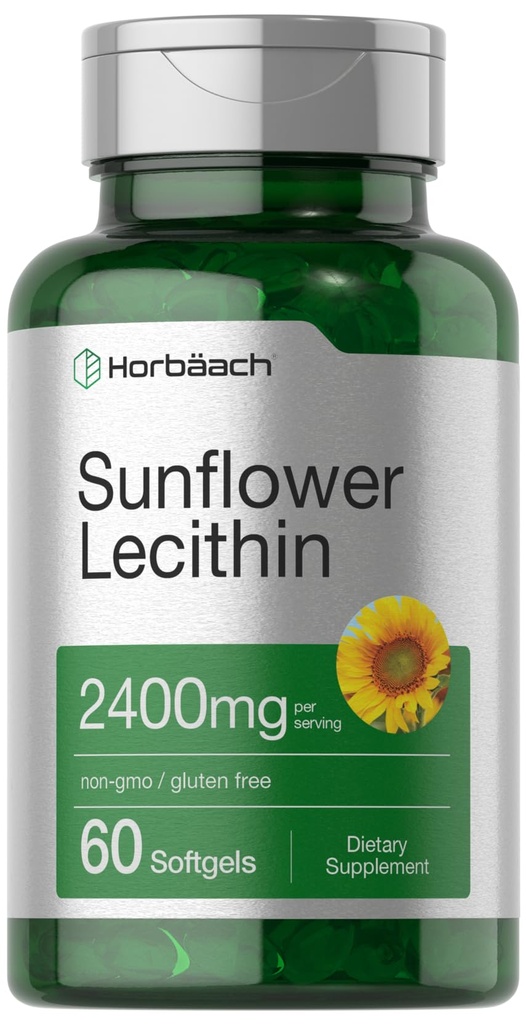 Horbäach Sunflower Lecithin Softgel 캡슐 | 2400mg | 60 알약 | 자연적으로 Occurring Phospholipids | Non-GMO, 글루텐 무료 보충