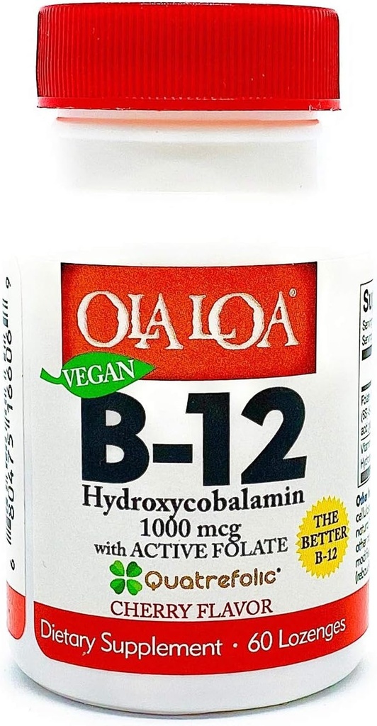 Ola Loa 비타민 B12 하위 언어 체리 다이어트 보충 - HydroxyCobalamin, 활성 Folate, Vegan 공식 - 몸의 에너지, Nerve 및 두뇌 지원 촉진 - 60 정제