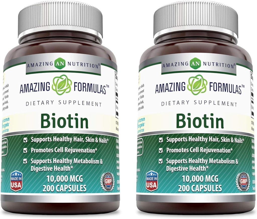 Amazing Formulas Biotin 10000 mcg Veggie 캡슐 | 비타민 B7 보충 | 비 GMO | 글루텐 프리 | 미국에서 제작 (200 개 | 2 팩)