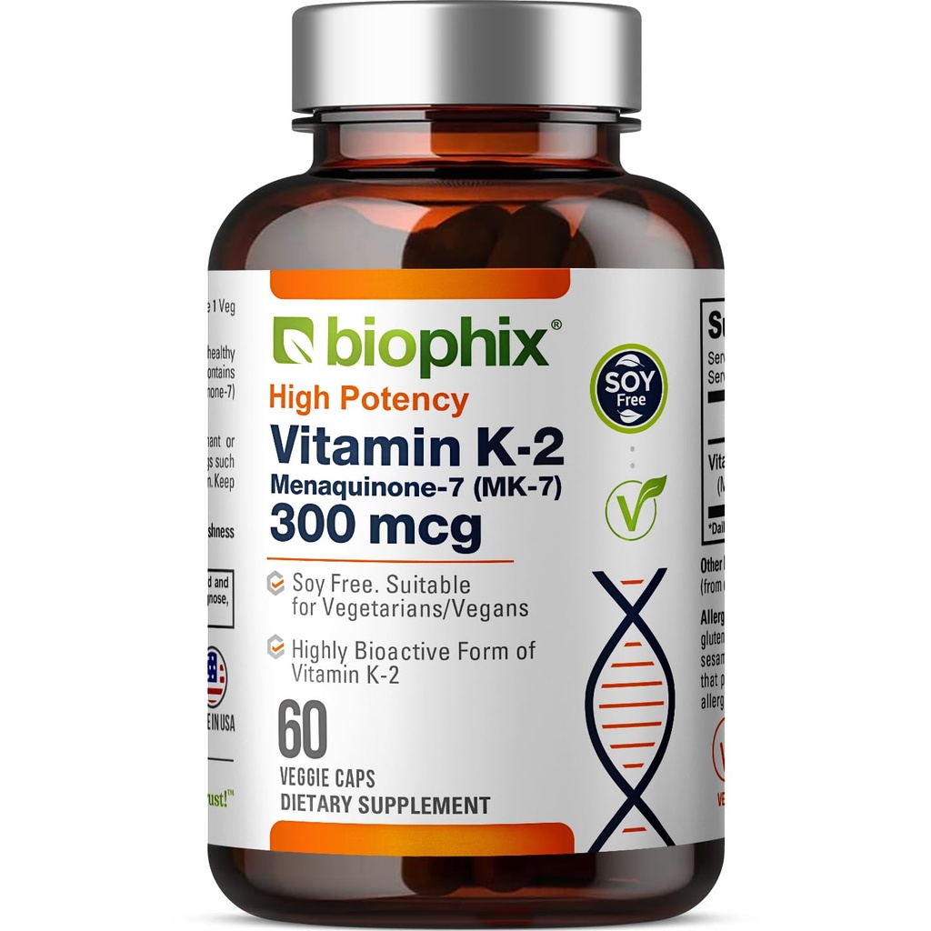 비스듬한 비타민 K2 MK-7 300mcg, 60 Vegan 캡슐 - 뼈 힘과 면역 건강을 위한 높 순수성 보충교재