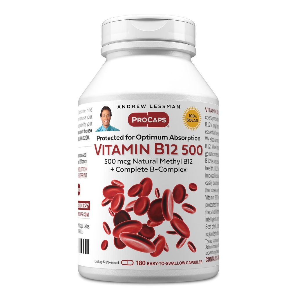 ANDREW LESSMAN 비타민 B12 500 180 캡슐 - 흡수 보호 된 Methylcobalamin (Natural Coenzyme Vitamin B12), 에너지 및 스트레스 지원에 필수적인 B-Complex, 삼키기 캡슐에 쉽게