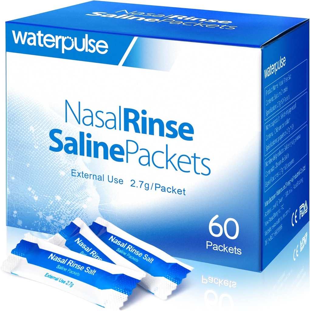 Waterpulse 60 Nasal Rinse Packets, Effective Neti Pot Salt Packets, Nasal Rinse Salt Packets 개별적으로 포장 - Sinusitis, 알레르기 및 감기 구호를위한 편리한 솔루션