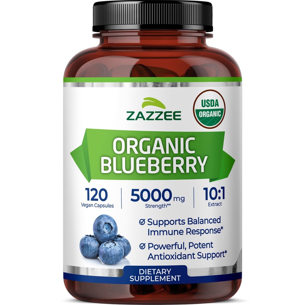 Zazzee USDA 유기 블루 베리 10 : 1 추출물, 5000 mg의 강도, 120 Vegan 캡슐, 4 개월 공급, 집중 및 표준화 된 10X 전체 과일 추출, 100 % 채식, 비 GMO, 미국에서 만든