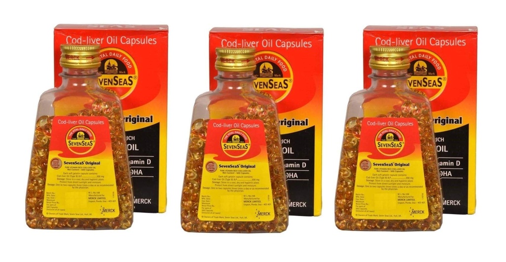 Seenseas Cod Liver Oil 500 softgel 캡슐 (포장 3) | 500 * 3=1500 캡슐 | 순수한 비타민 리치 | 제일 면역력, 건강한 뼈 & 근육 다이어트 보충교재