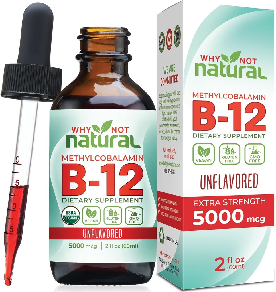 왜 자연적인 유기 비타민 B12 액체 - 이하 언어 여분 힘 60 x 5000 mcg Methylcobalamin 하락, 채식주의자, 흡수 및 에너지를 극화하십시오