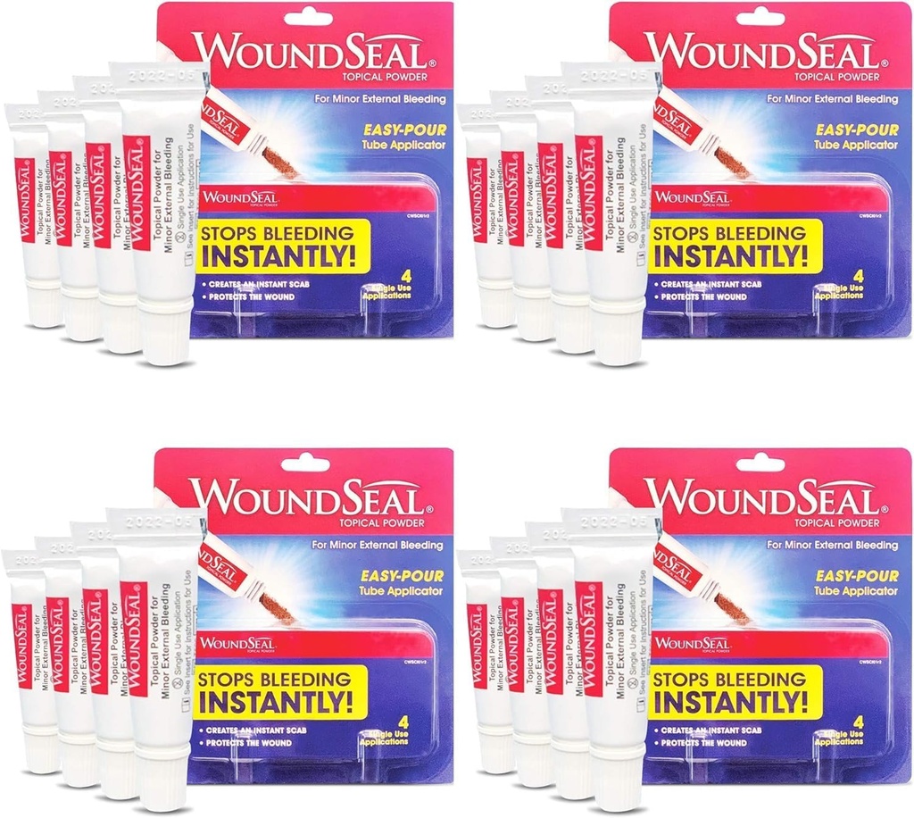 WoundSeal 분말 4 각 (포장 4) - 상처, 스크랩 및 마모에 대한 부상 치료 응급 처치 - 스티치 또는 붕대없이 초에 출혈을 중지
