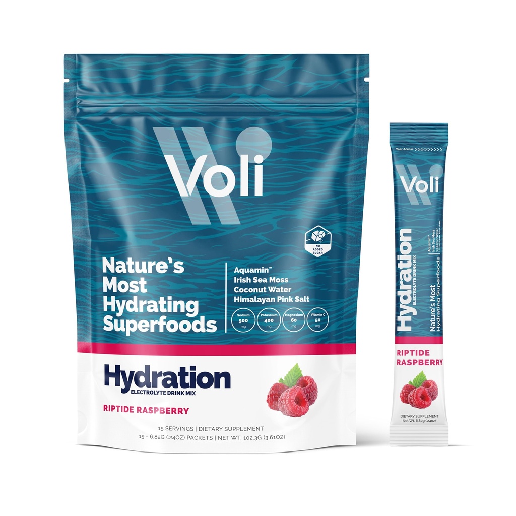 Voli Electrolytes Powder Packets | No 추가 Sugar Electrolyte 음료 믹스 용 Hydration | Keto & Fasting Friendly, Natural Superfoods & Minerals | 라즈베리 15Count