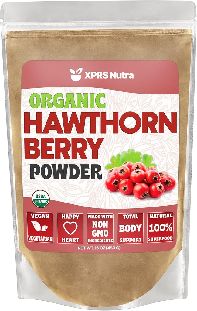 XPRS Nutra 유기 Hawthorn 베리 분말 - 프리미엄 USDA 유기 Hawthorne 베리 분말 심장 혈관 지원 - Vegan 친절한 Hearth 건강 보충교재 (16 Ounce)