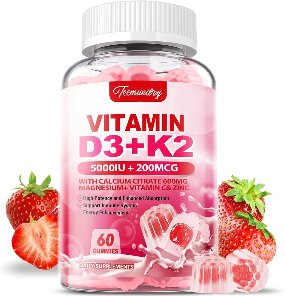 성인을 위한 비타민 D3 K2 보충교재 - 비타민 D3 5000 IU + K2 200 mcg - 칼슘 600mg 마그네슘 아연을 가진 VIT D3 K2 Gummies & 여성 남자를 위한 비타민 C - 지원 B0ne의 근육 면역