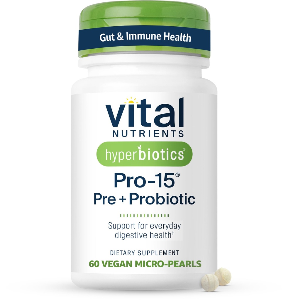 Hyperbiotics Vital Nutrients Pro-15 Prebiotics and Probiotics for Women and Men | 15 Science Backed Strains | 오카시적 변비 지원, Diarrhea, Gas & Bloating | 60 Vegan Time Release Pearls