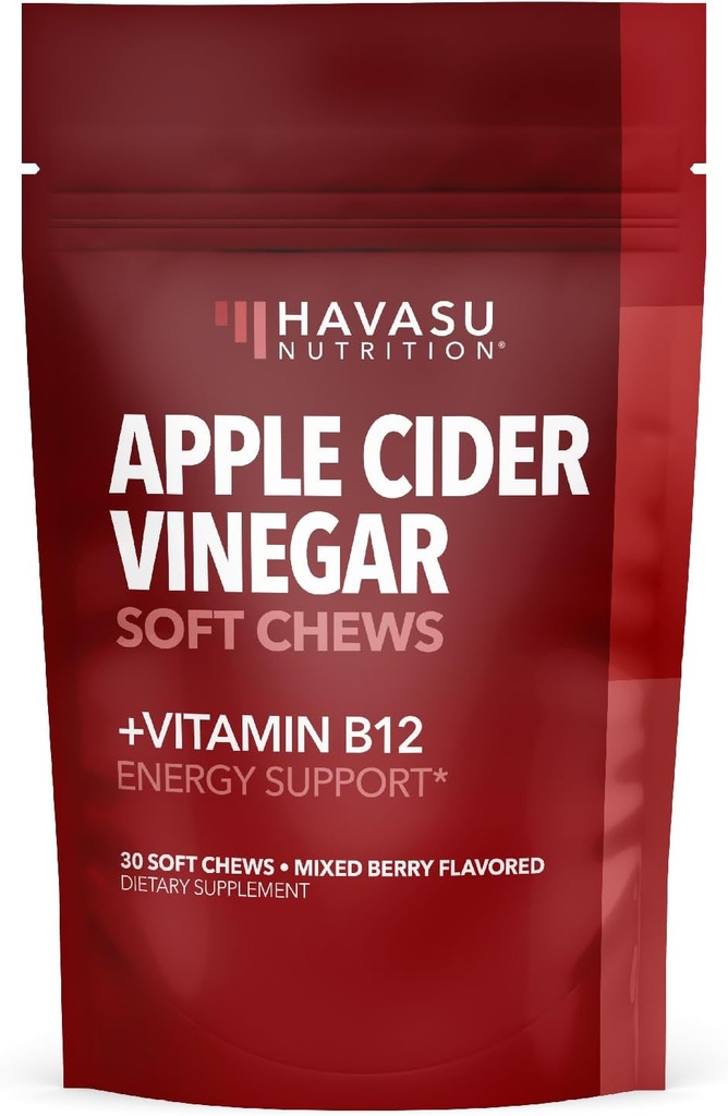 Apple Cider Vinegar Chews with Vitamin B12 and Folate - 에너지 및 소화 건강을위한 편리한 ACV 보충제 - 30 개 - 개별적으로 포장 - 혼합 Berry 풍미, Vegan - 1 개월 공급