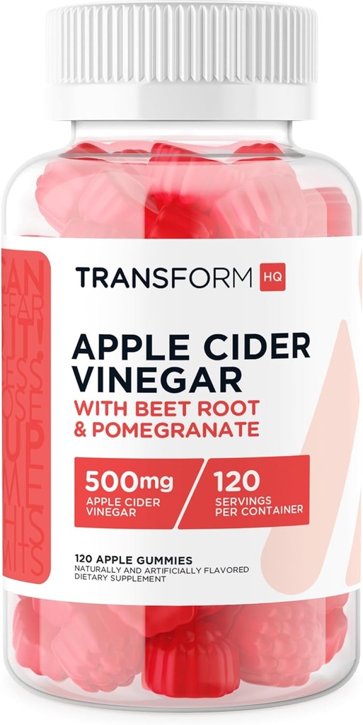 TransformHQ Apple Cider Vinegar Gummies (120 서빙, 500mg) - 글루텐 무료, 비 GMO
