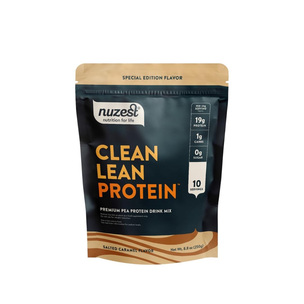 Nuzest - Pea Protein Powder - Clean Lean Protein, Premium Vegan Plant 기반 단백질 분말, Dairy Free, Gluten Free, GMO Free, Protein Shake (8.8 Ounce (팩 1), 소금 카라멜)