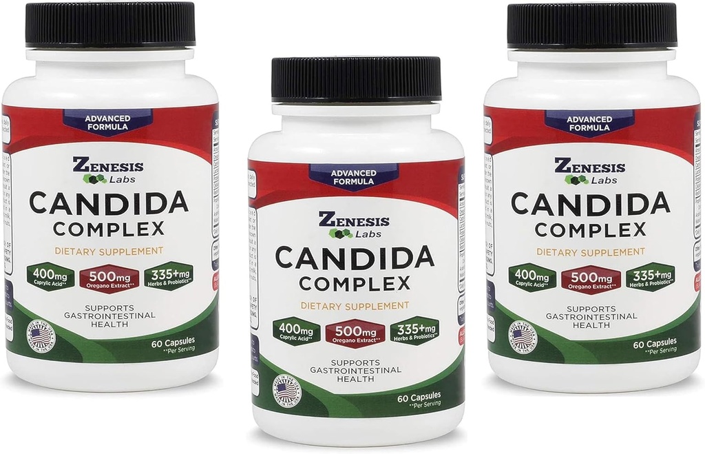 Zenesis Labs Candida Complex Cleanse Detox Caprylic 산성 보충, Oregano 추출물, Probiotics, 효소 - 대량 180 캡슐, 90 일 공급 (60 캡슐 / 병)