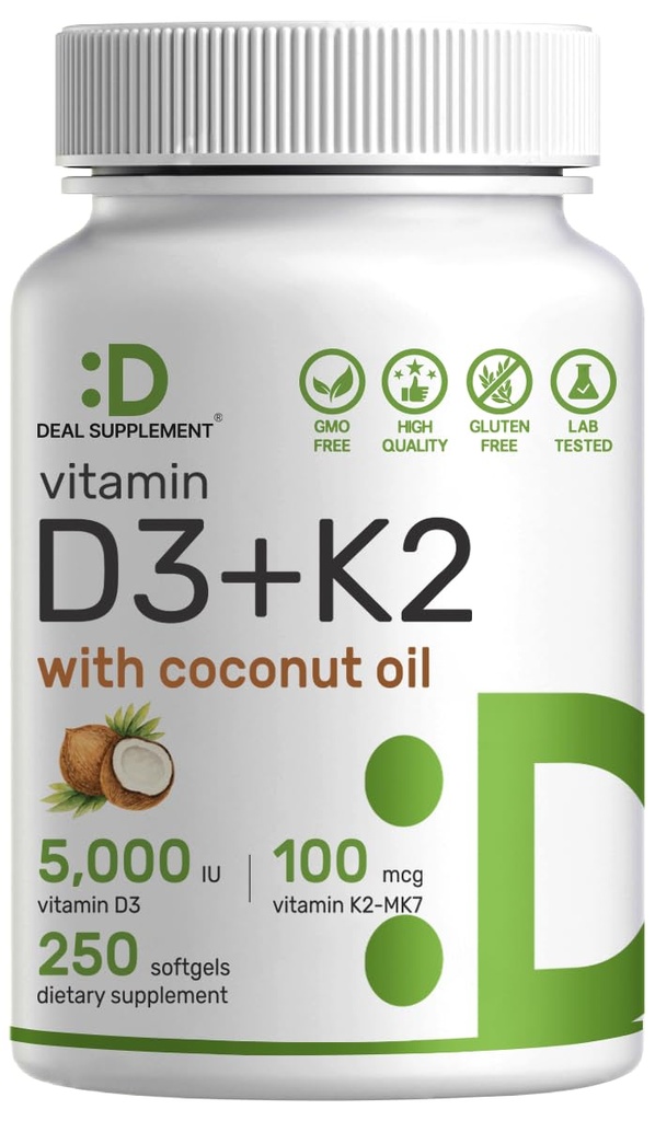 DEAL SUPPLEMENT 비타민 D3 5,000 IU + K2 MK7 100mcg Softgels | 2in-1 Complex with Virgin Coconut Oil | 서포트 하트, 뼈, 치아 및 면역 건강 | 삼키게