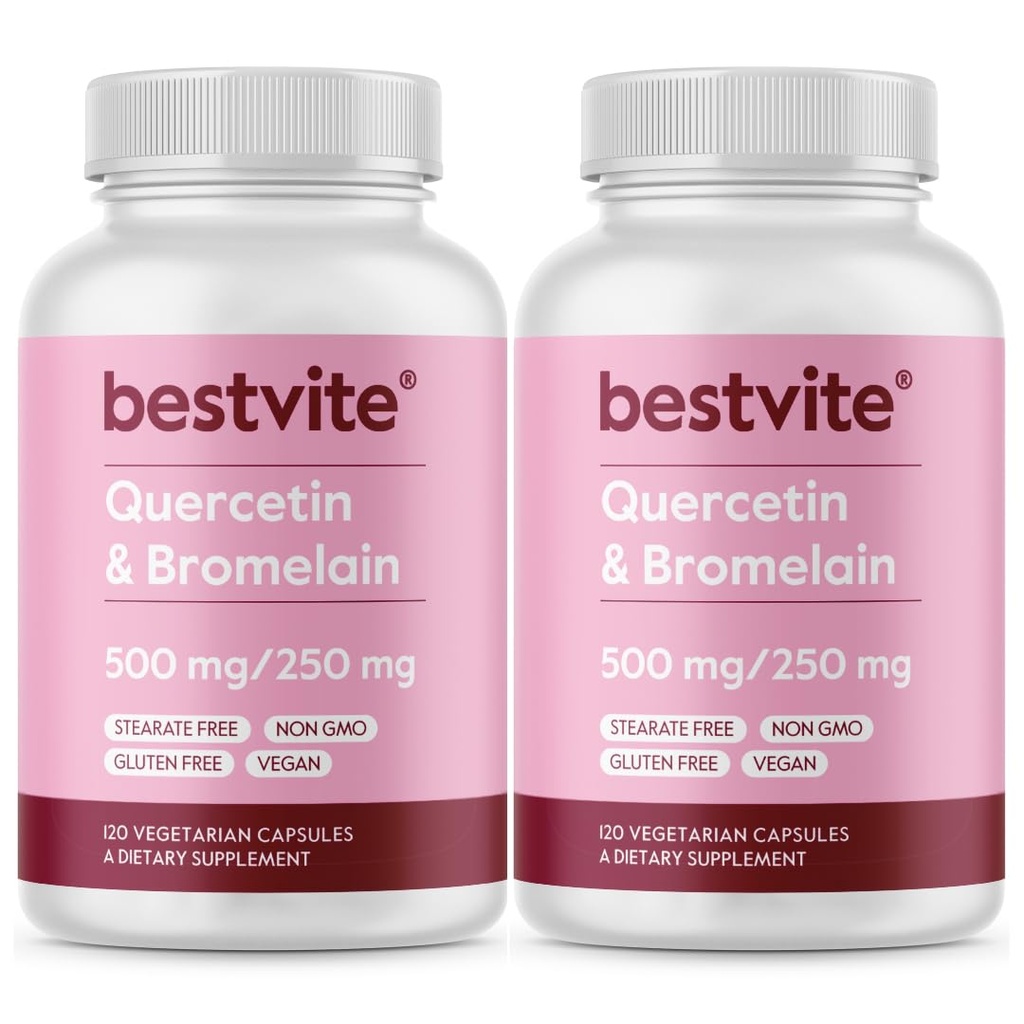 Bromelain 500mg/250mg (240 채식 캡슐) (120 x 2)를 가진 BESTVITE Quercetin - 산화철 없음 - Vegan - 비 GMO - 글루텐 자유로운