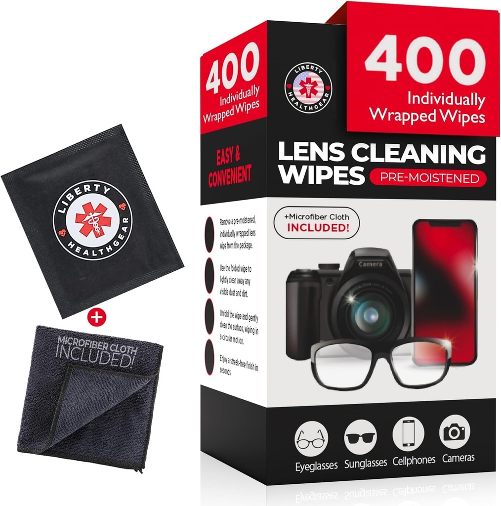 400 Eyeglass Cleaning Wipes + Microfiber Cloth for Eyeglasses & Lens Cleaner | Pre-Moistened, 개별적으로 감싸인, 덜 알코올 포뮬러 | 안경용 렌즈 닦음, 안경, 렌즈 및 스크린