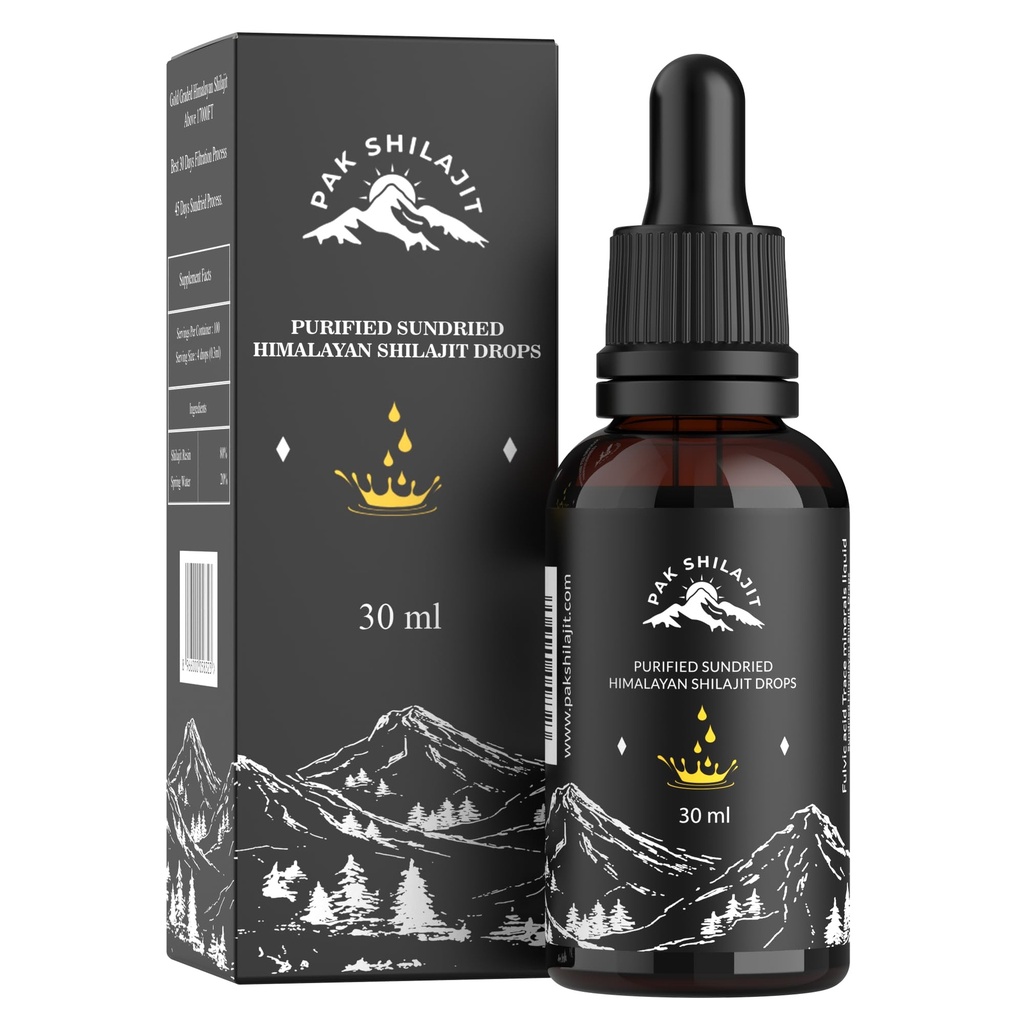PakShilajit® Sun Dried Himalayan Shilajit Liquid Drops, 대부분의 프리미엄 및 유기농 골드 등급 Shilajit Drops 위 17000FT (30ML 팩), Fulvic Acid Humic Acid Natural Supplement 풍부한