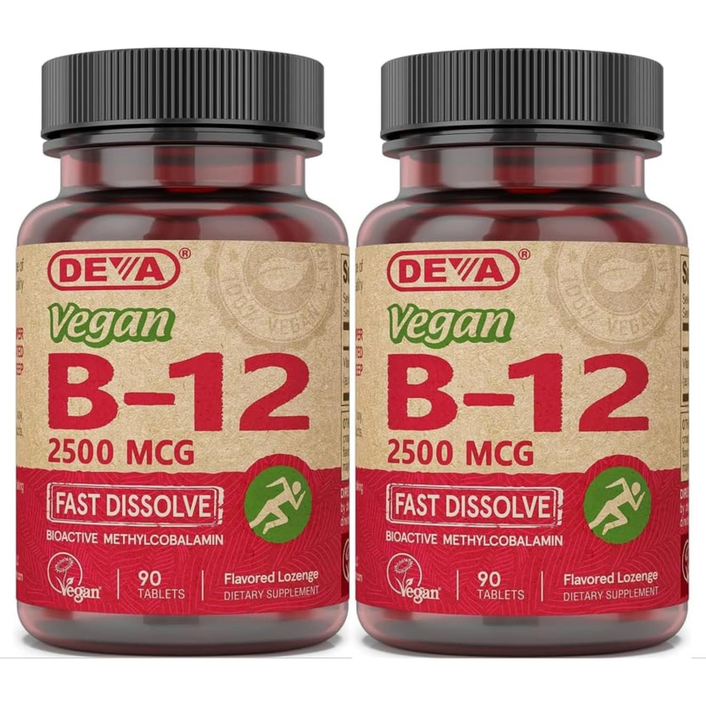 DEVA Vegan 비타민 B-12의 높은 Potency 2500 mcg B12의 빠른 용해, 이하 언어, 90의 정제 (포장 2)