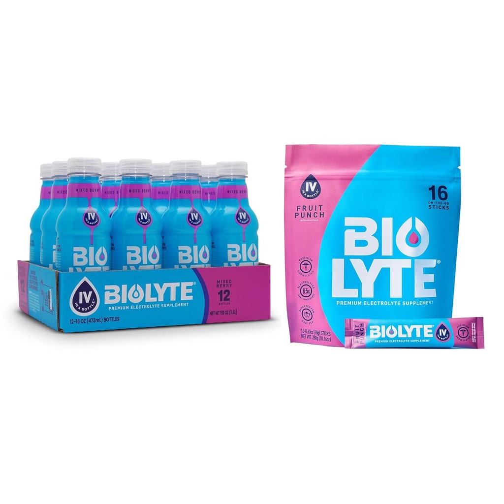 BIOLYTE 전해질 음료 & IV Hydration 음료 혼합 - 의사 공식화 된 FSA & HSA 전해질 액체, Rehydration 분말 소포, Chemotherapy는 여성 & 남자를 위해 있어야 합니다 - 베리, 12의 병, 16의 지팡이