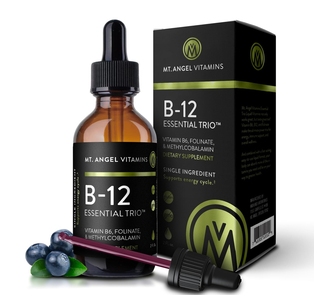 Mt. Angel Vitamins - B12 Essential Trio - 높은 순수성 메틸 B12, B6 & Folate를 가진 Vegan 잠수함 - 쉬운 흡수 액체 - 미국에서 만드는 비 GMO