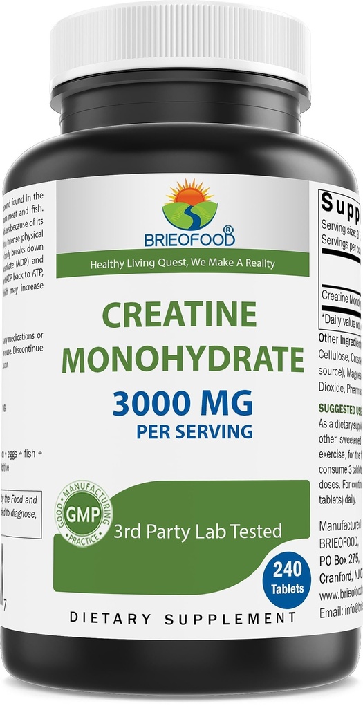 Brieofood Creatine 환약 서빙 당 3000 mg - 240의 정제 - 순수성 & 질을 위해 시험되는 제 3 당 실험실 - 도움은 운동 성과를 개량합니다