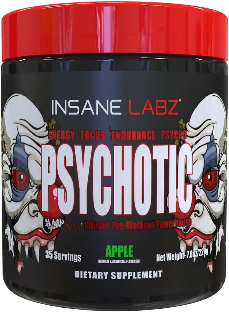 Insane Labz Psychotic, 높은 자극제 전 운동 분말, 극단적 인 Lasting 에너지, 초점 및 지구 베타 Alanine, Creatine Monohydrate DMAE, 35 Srvgs (애플)를 가진 내구시간