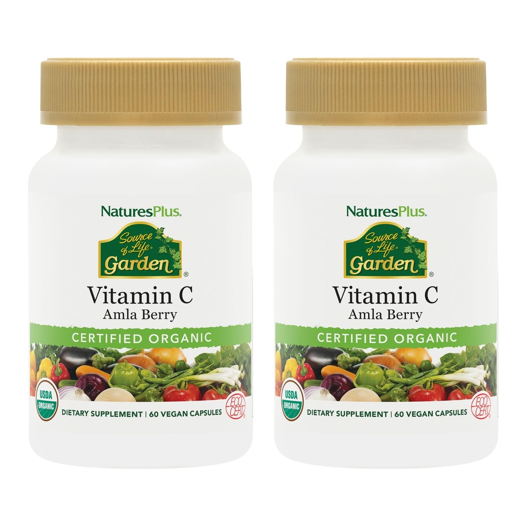 NaturesPlus Life Garden Vitamin C - 60 Vegan 캡슐, 2 팩 - 면역 시스템 지원 - 인증 유기, 비 GMO, 글루텐 무료 - 60 총 서빙