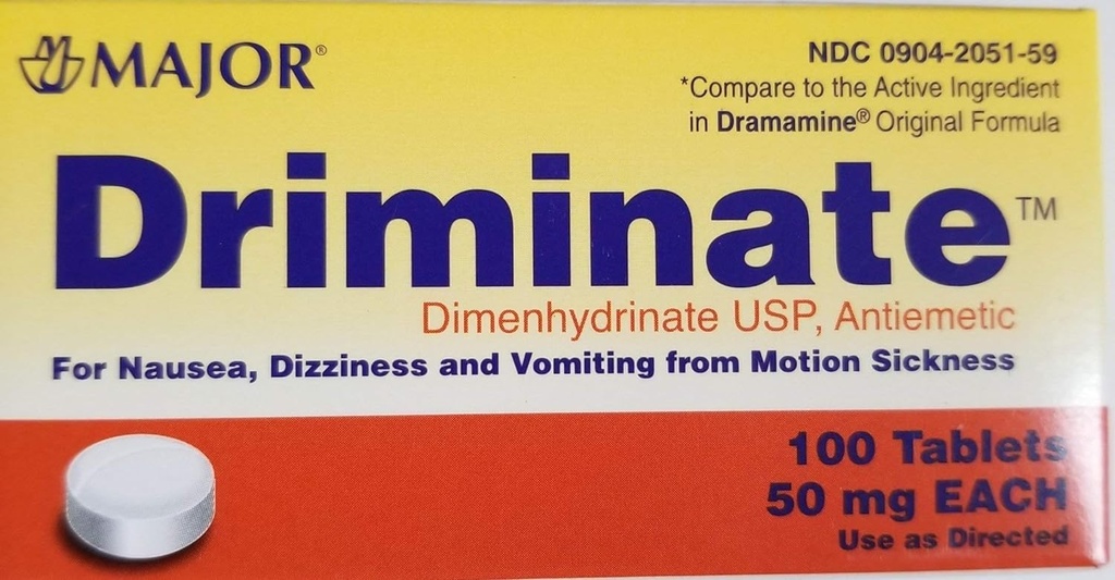 주요 Driminate® Dimenhydrinate 50mg 100 Ct for Nausea, Dizziness and Vomiting from Motion Sickness