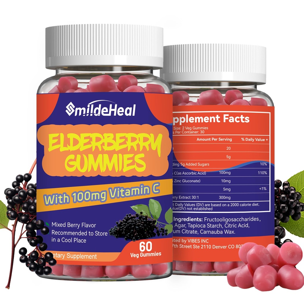 Elderberry Gummies, Elderberry Extract 300mg, 비타민 C 및 아연, 딸기 맛 Gummies, 비 GMO, 글루텐 무료, Vegan-Friendly, 면역 지원, 60 카운트 (팩 2)
