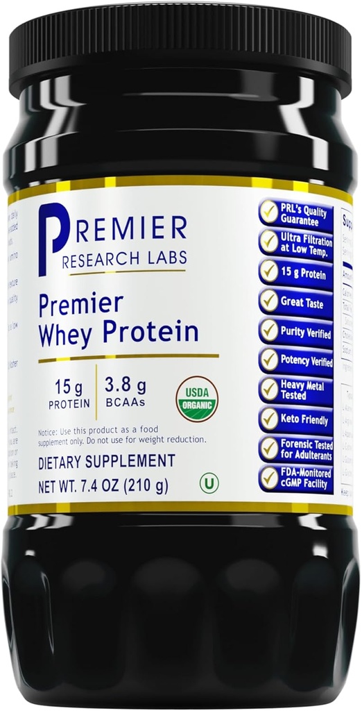 Premier Research Labs Whey Protein - Unflavored Premier Whey Protein Powder, Organic Whey Protein Concentrate, Keto Friendly, 음료와 쉽게 혼합, 낮은 열 필터링 - 7.4 Oz