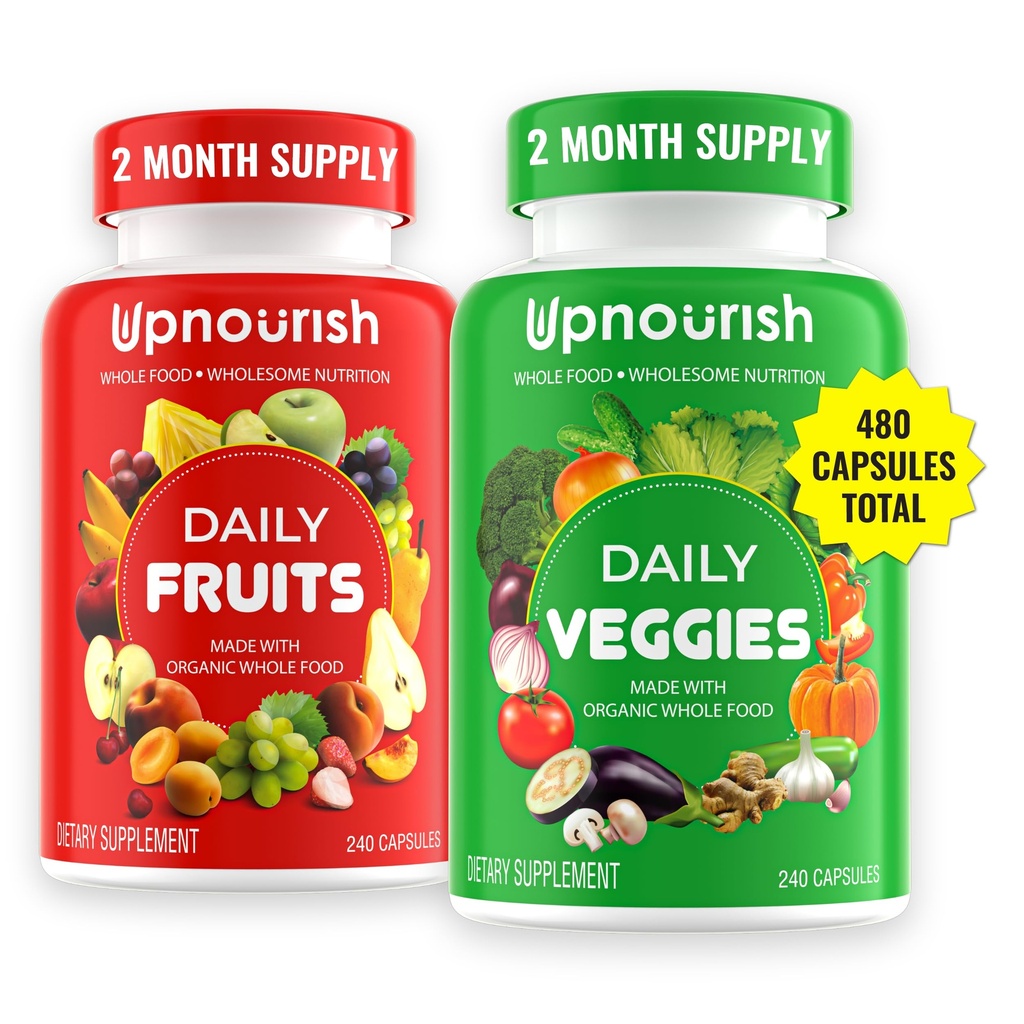 UpNourish Organic Fruits and Veggies Supplement - 지원 Diet Balance, Body Cleanse & Energy - 자연의 480 과일과 슈퍼 그린 캡슐 - 성인 및 어린이를위한 과일 및 야채 보충제