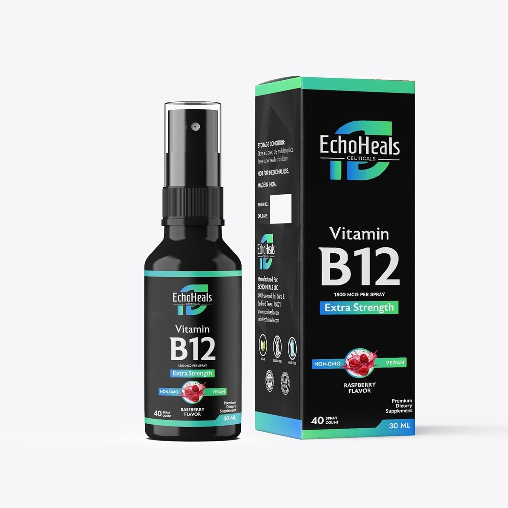 비타민 B12 액체 스프레이 | 에너지 지원 비타민 B12 | Vegan | Non-GMO | 글루텐 프리 | 40 스프레이 | 1500 mcg / 스프레이 | 라즈베리 맛 | 1 fl Oz