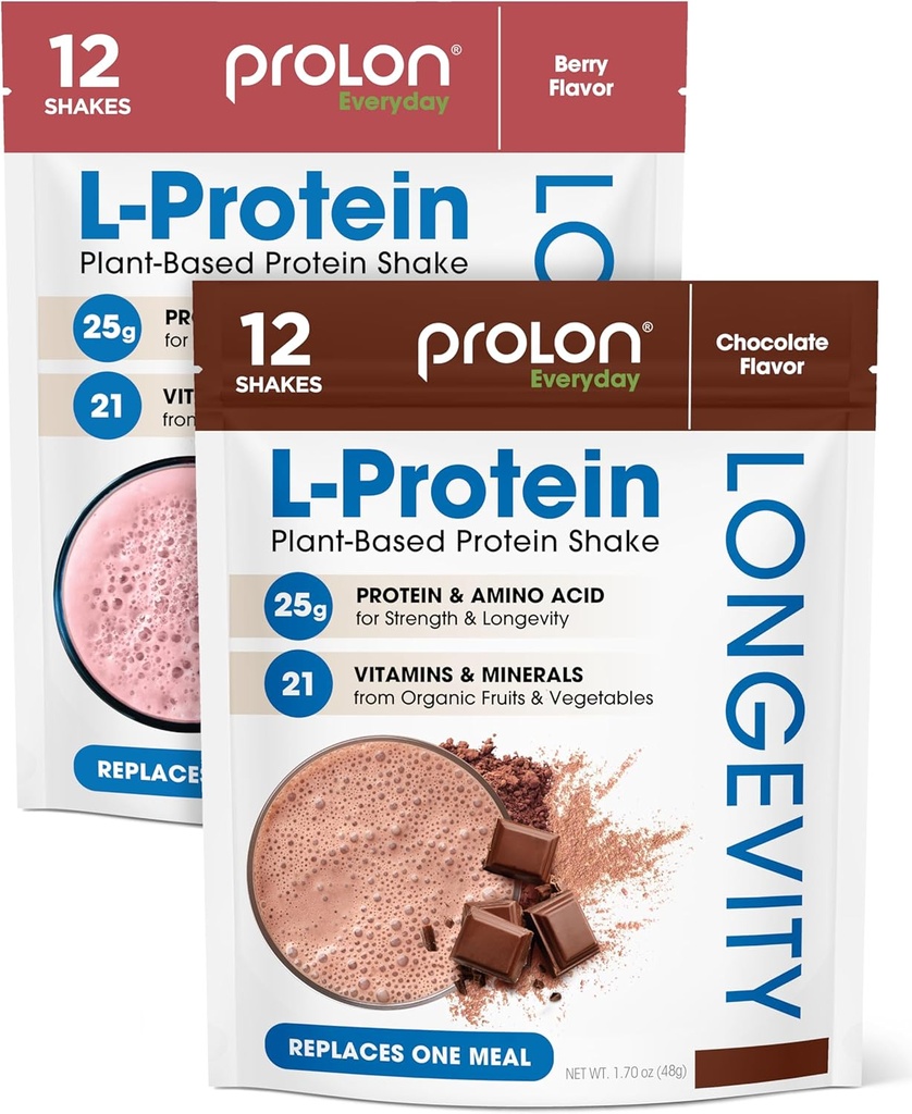 Prolon Longevity Plant 기반 단백질 분말 | 근육 합성 및 수리, 건강한 노화, 부스트 성능 | 비타민, 글루텐 무료, 아미노산 | 단백질 25g | 초콜릿과 베리, 24 패킷
