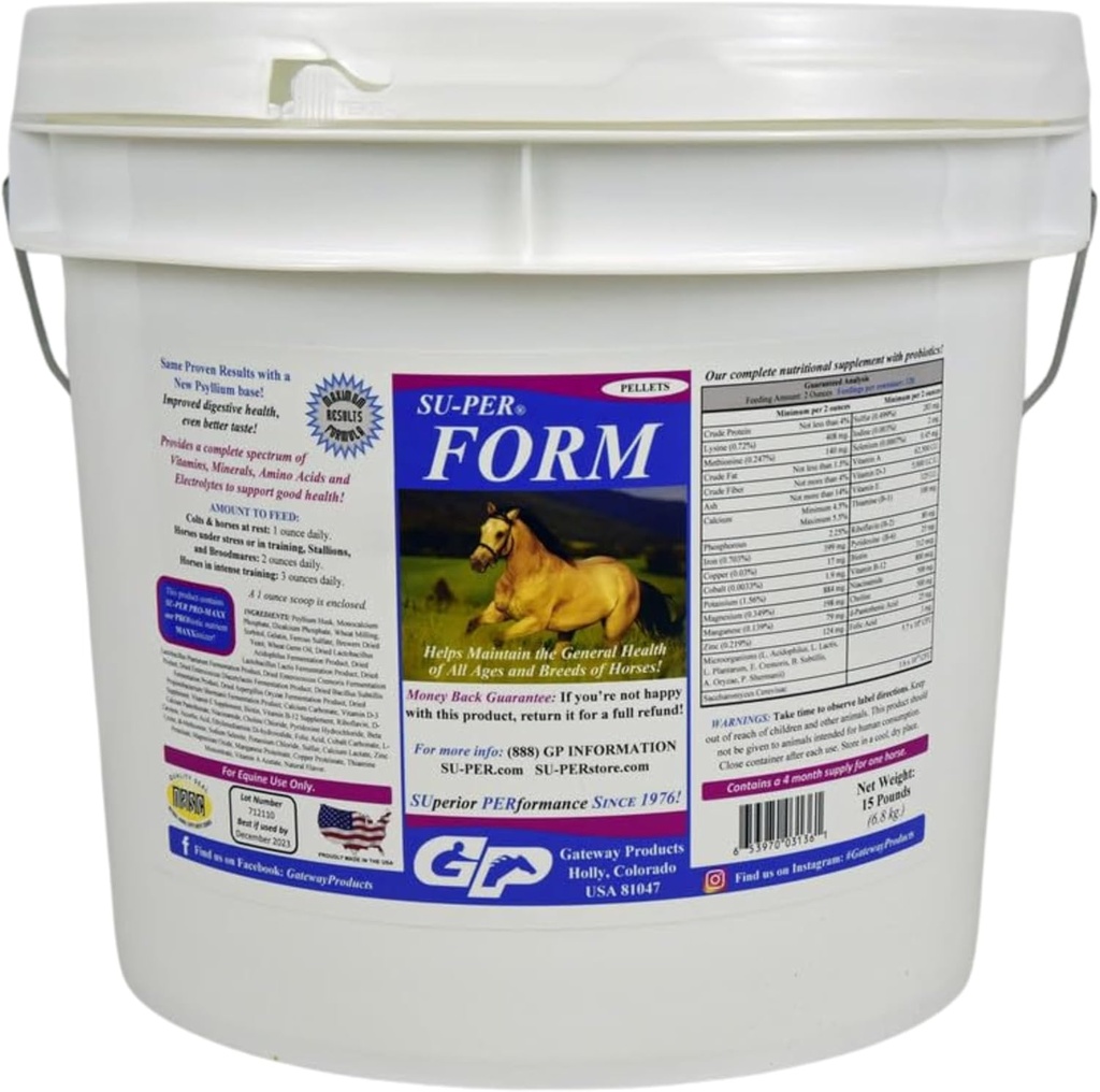 SU-PER Form Horse Vitamins and Minerals Pellets - Probiotics와 영양 보충 - 비타민, 미네랄, 아미노산 및 전해질 - 일반 건강 유지 - 15 파운드, 4 개월 공급