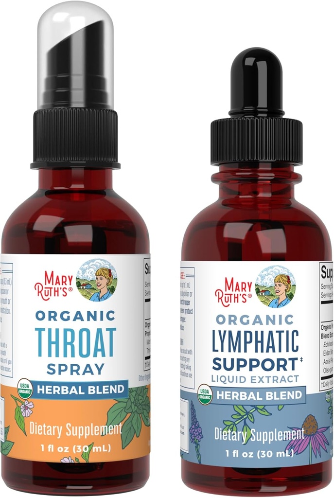 MaryRuth Organics Throat Spray (Unflavored) & Lymphatic Cleanse Drops | USDA Organic, Clean Label Project Verified® | 스로트 릴리프 비타민, 면역력 및 전반적인 건강 | Vegan, 글루텐 프리, 비 Gluten