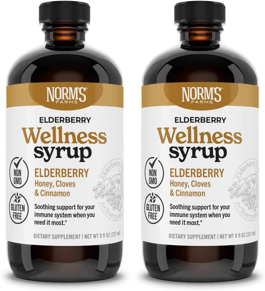 Norm's Farms Wellness Black Elderberry Syrup with Honey, Cinnamon & Cloves - 미국, 자연 면역 지원, 알코올 또는 필러 없음, 글루텐 프리, 비 GMO, 비건, 순수 Elderberry Syrup - 2PK 8 Oz