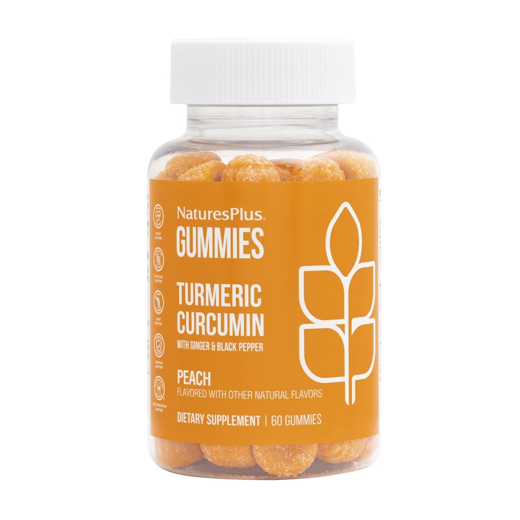 NaturesPlus Gummies Turmeric Curcumin - 60 Gummies, Peach - 관절 지원, 소화 및 심장 혈관 건강 - Vegan, 글루텐 무료, 비 GMO - 30 서빙